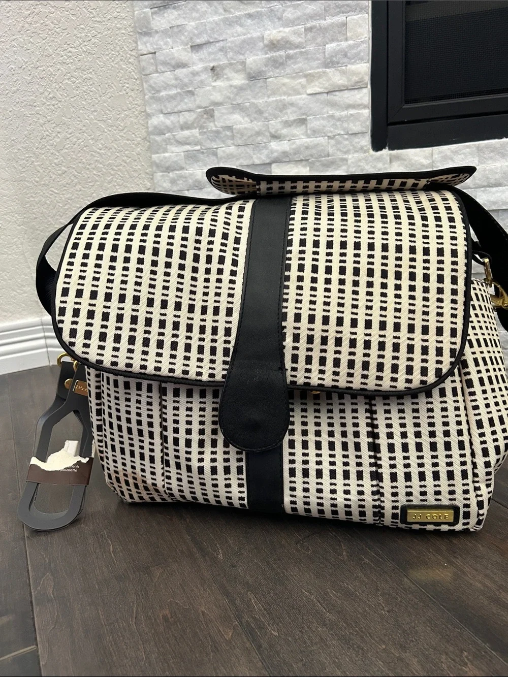 JJ Cole Black & Cream Backpack Diaper Bag & Stroller Clips